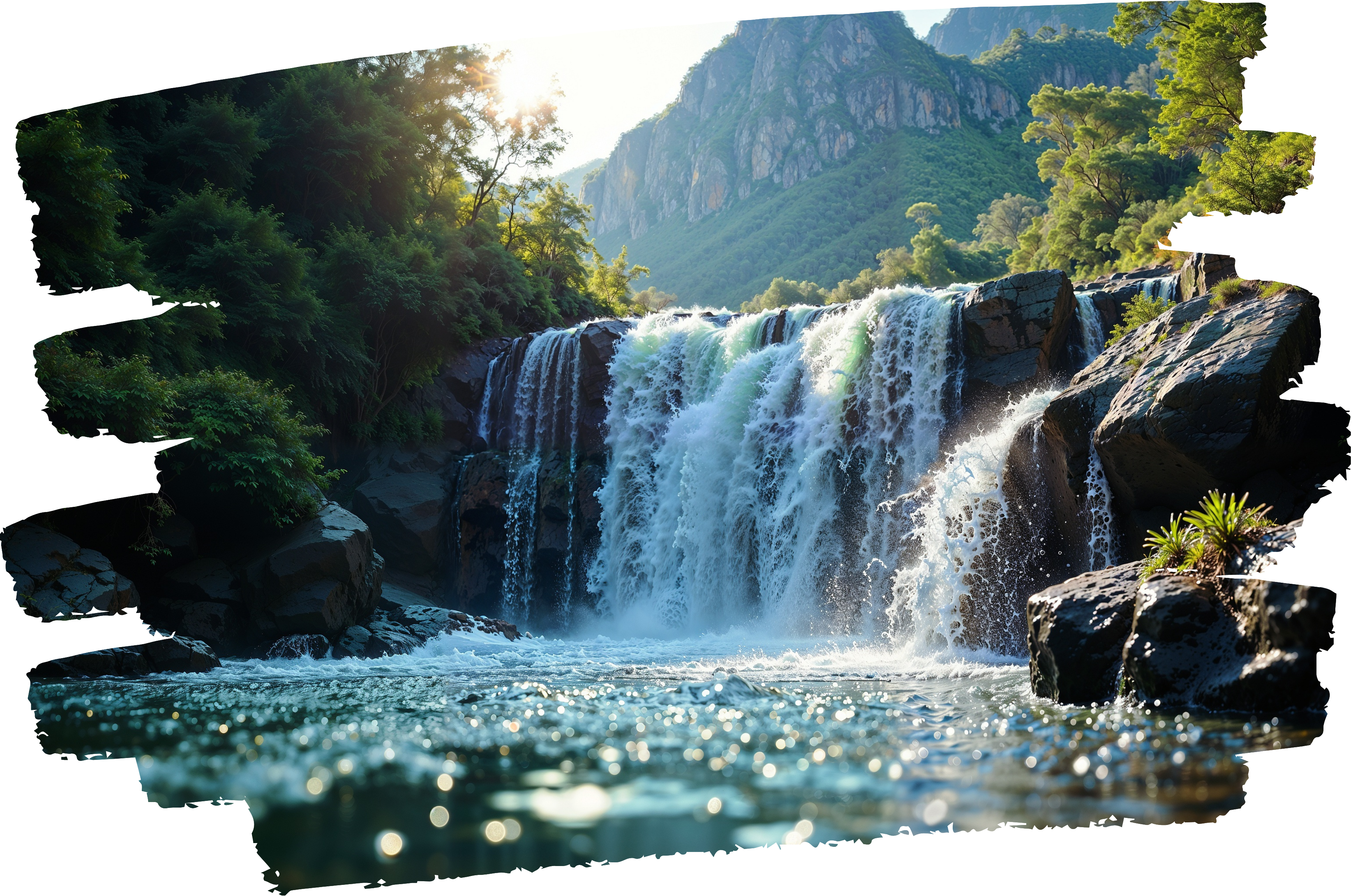 A waterfall cascading through a jungle canyon